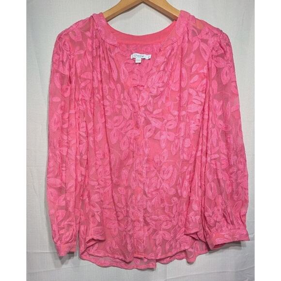 Chicos Women's Pink Floral Embroidered Blouse Sz 3(16) Boho Peasant Semi Sheer - Picture 2 of 8